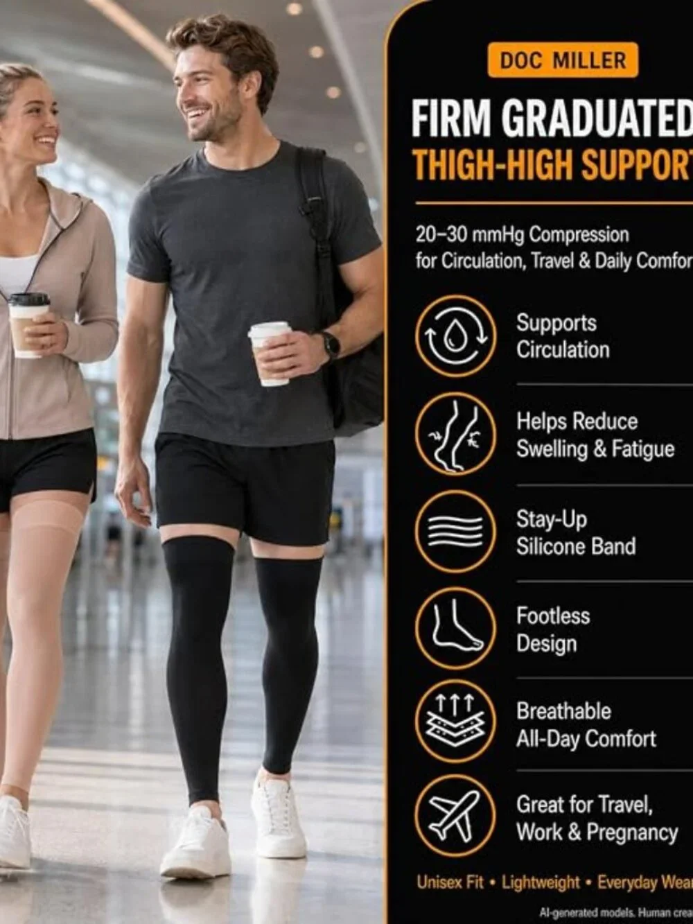 Doc Miller Compression Thigh High Calf Compression Socks, 1 Pair, Black